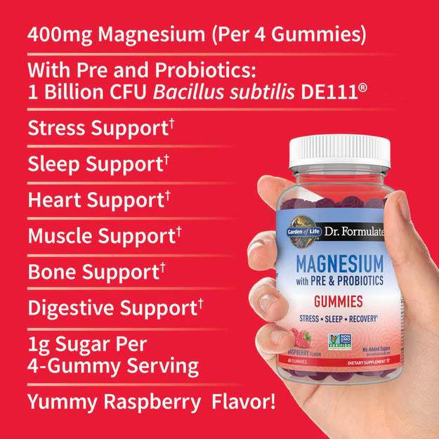 Garden of Life Dr. Formulated Magnesium + Pre & Probiotics Gummies – Raspberry (60 gummies)